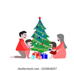 Vector Parents and children help decorate the Christmas tree.family and happy new year concept.illusatration on isalate white background.