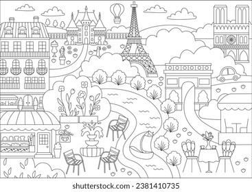 Vector Paris black and white landscape illustration. French capital city scene with sights, buildings, Eiffel tower, bakery. Cute France line background with river, field, park, castle, palace svg