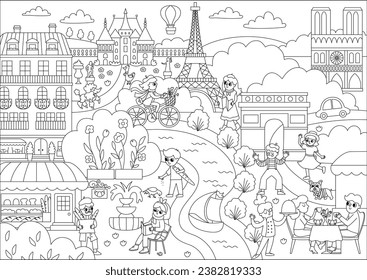 Vector Paris black and white landscape illustration. French capital city scene with people, animals, sights, buildings, Eiffel tower, bakery. Cute France line background with river, field, park
