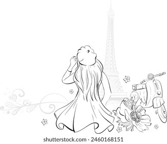 Vector Paris border. Eiffel tower with travel to France, Parisian girl and Paper cup of coffee, sweet deserts France bakery, street food, Vintage motorbike. Black silhouette for circuit