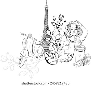 Vector Paris border. Je tame. Eiffel tower with travel to France, Parisian girl and Paper cup of coffee, sweet deserts andac bakery, street food, Vintage motorbike. Black silhouette for circuit