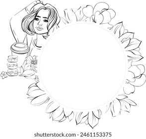 Vector Paris circle flowers frame, Eiffel Tower, girl and Paper cup of coffee, sweet deserts and bakery, street food. Template with travel to France. Black silhouette for circuit