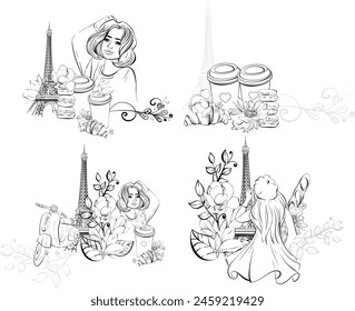 Vector Paris clipart border collections. Eiffel tower with travel to France, girl and Paper cup of coffee, sweet deserts and bakery, street food. Romantic. Black silhouette for circuit