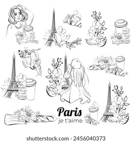 Vector Paris clipart collections. Eiffel tower with travel to France, girl and Paper cup of coffee, sweet deserts and bakery, street food. Romantic. Black silhouette for circuit