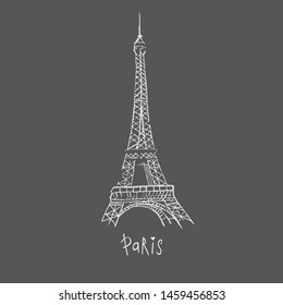 Vector Paris drawing. The Eiffel Tower. Doodle style. Hand drawn picture on a black background