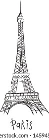 Vector Paris drawing. The Eiffel Tower. Doodle style. Hand drawn picture on a white background