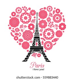 Vector Paris Eiffel Tower Bursting With St Valentines Day Red Hearts Of Love. Perfect for travel themed postcards, greeting cards, wedding invitations.