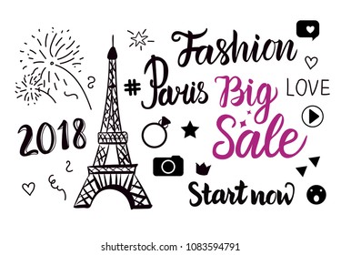 Vector Paris Fashion Big Sale. Hand drawing set of Eiffel tower, inscriptions lettering isolated on white background.