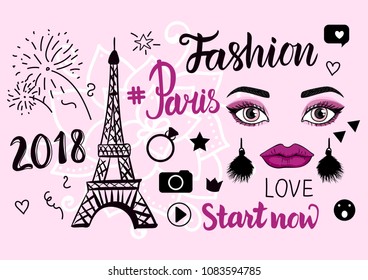 Vector Paris Fashion symbols. Hand drawing set of Eiffel tower, eyes and lips with makeup, inscriptions lettering isolated on pink background.