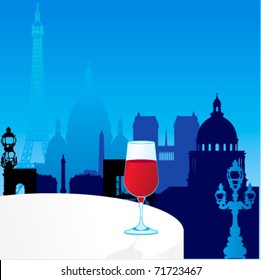 Vector Paris illustration with glass of wine and silhouettes of famous monuments