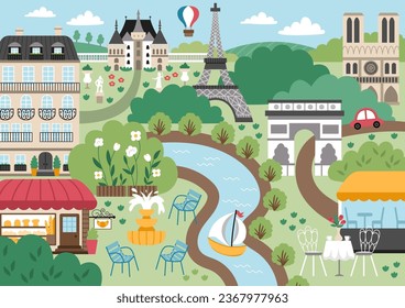 Vector Paris landscape illustration. French capital city scene with sights, buildings, Eiffel tower, bakery. Cute France background with river, field, park, castle, palace, hot air balloon, chairs
