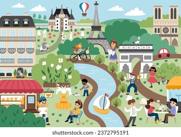 Vector Paris landscape illustration. French capital city scene with people, animals, sights, buildings, Eiffel tower, bakery. Cute France background with river, field, park, castle, palace
