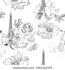 Vector Paris seamless pattern. Je taime. Eiffel tower with travel to France, girl and Paper cup of coffee, sweet deserts and bakery, street food. Black silhouette for circuit