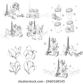 Vektorgrafik Paris Set mit Pariser Café-Bäckerei, Reise nach Frankreich, Eiffelturm, Pariserin, Papiertasse Kaffee, Magnolien und Makronen. Romantische Blumen. Schwarze Silhouette für Schaltkreis