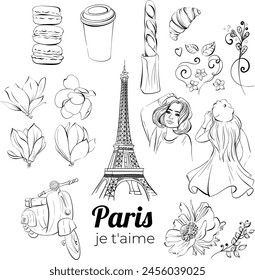 Vector Paris set. Je tame. Eiffel tower with travel to France, girl and Paper cup of coffee, sweet deserts and bakery, street food. Black silhouette for circuit