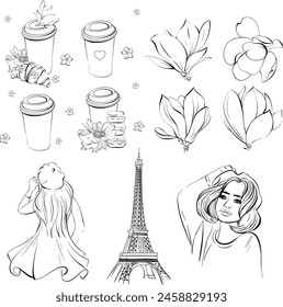 Vector Paris set with travel to France, Eiffel Tower, Parisian woman, Paper cup of coffee, magnolias. Romantic flowers. Black silhouette for circuit