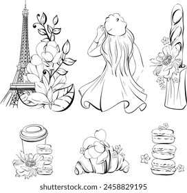 Vektorgrafik Paris Set mit Reisen nach Frankreich, Eiffelturm, Pariserin, Papiertasse Kaffee, Süßwüsten und Bäckerei, Streetfood. Romantisch. Schwarze Silhouette für Schaltkreis