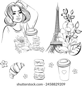 Vector Paris set with travel to France, Eiffel Tower, Parisian woman, Paper cup of coffee, magnolias and macaroons. Romantic flowers. Black silhouette for circuit