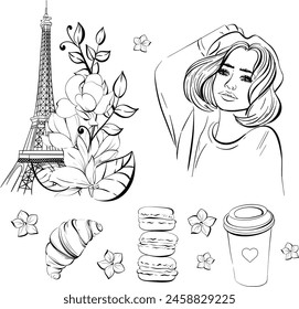 Vector Paris set with travel to France, Eiffel Tower, girl and Paper cup of coffee, sweet deserts and bakery, street food. Black silhouette for circuit