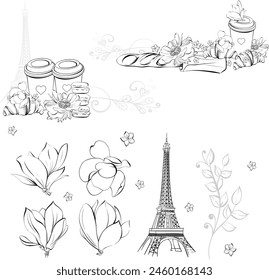 Vector Paris set with travel to France, Eiffel Tower, Parisian woman, French pastry dessert. Paris café bakery. Paper cup of coffee, magnolias. Romantic flowers. Black silhouette for circuit