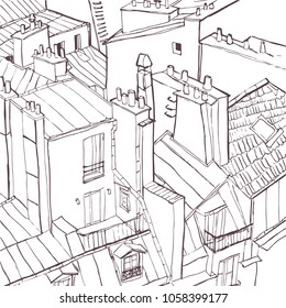 Vector parisian view of the roof. Vector urban sketch. Paris illustration doodle. Parisian windows and roofs. Vector panorama of Paris city