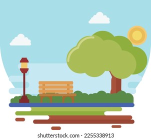 Vector park with bench and streetlight illustration
