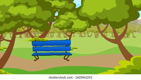 Vector Park Closeup Scenery Trees Sky Clouds Roadway Greens Illustration Art Blue Benches Nature Garden Landscape Colorful Cartoon Scene