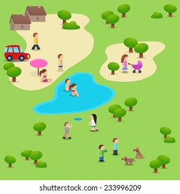Vector park illustration peoples playing relaxing walking dogs swimming