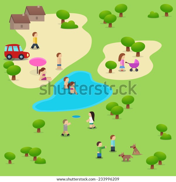 Vector park illustration peoples playing\
relaxing walking dogs\
swimming