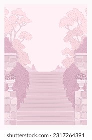 Vector park or old mansion garden background. Hand drawn elegant stairs. Pink background for wedding card, poster, cover, banner