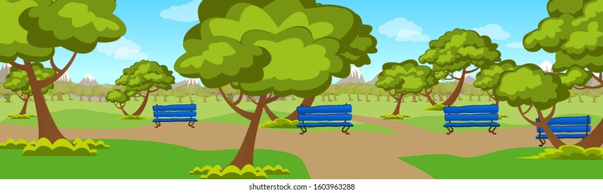 Vector Park Wide Scenery Trees Sky Clouds Roadway Greens Illustration Art Blue Benches Nature Garden Landscape Colorful Cartoon Scene