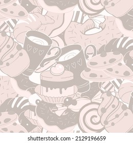 Vector parrent with cup, cake, lollipop, croissant, cookie and donut, flat brown design