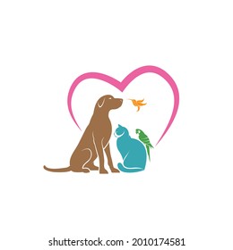 Vector of parrot, cat, dog and hummingbird with pink heart shape on white background. Veterinary icon with pet. Pet Care. Banners Animal. Easy editable layered vector illustration.