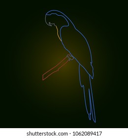 Vector  parrot icon illustration in glowing neon style on the dark background. Blue Parrot outline icon. Tropical parrot Glowing, glitter shiny birds decor template. Neon lights parrot symbol