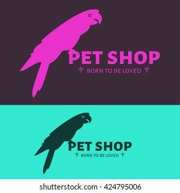 Vector parrot sits on a lettering logo. Pet shop logo.