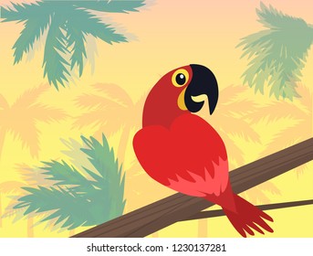 Vector parrot sitting on a stick in jungle, with palm silhouettes