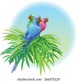 Vector parrot sitting upon the branches of palm trees