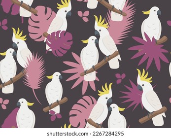 Vector parrots love seamless pattern. Cartoon cute cockatoo family with tropical leaves. Creative style texture for fabric, wrapping, textile, wallpaper, apparel.