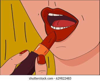 Vector part of attractive woman's face with fashion red lips make up. Girl putting red lipstick.