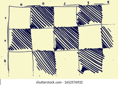 Vector part of chess board. Dark blue chessboard doodle cartoon design. Hand drawn sketch, draft ink dark pictogram. For chess logo, prints, t-shirt, fabric, tea cup design. Light yellow background