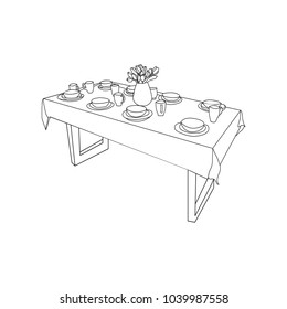 vector part of the dining room isolated table and tableware, on the table vase of tulips flowers hand drawn sketch.