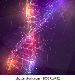 vector. part of the human dna. 3d triangular abstract style. in purple, crimson, red, blue, neon color