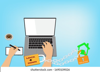 Vector, part illustration, part view  The person's hand is working in front of the computer screen  And there are chains and locks that are attached to the house