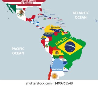 vector part of world map with region of Latin American countries mixed with their national flags