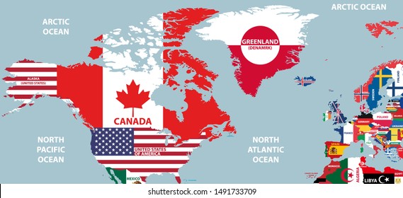 vector part of world map with region of North American and European  countries mixed with their national flags