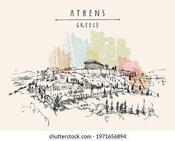 Vector Parthenon temple and the Acropolis hill in Athens, Greece. Hand drawing in retro style. Travel sketch. Vintage touristic postcard, poster, calendar or book illustration