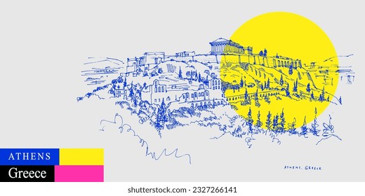 Vector Parthenon temple and the Acropolis hill in Athens, Greece. Ancient Greek historical landmark postcard. Artistic travel sketch in bright vibrant colors. Modern hand drawn touristic poster