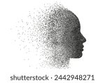 Vector particle face silhouette. Female profile illustration disintegrating into stipple particle effect. Girl's face in cyberspace, disintegrating into humanoid silhouette.