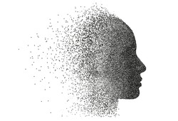 Vector particle face silhouette. Female profile illustration disintegrating into stipple particle effect. Girl's face in cyberspace, disintegrating into humanoid silhouette.