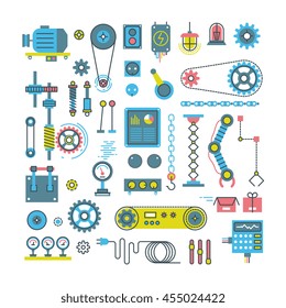 Vector Parts Of Mechanism And Robots Flat Icons. Illustration Mechanical Part And Gear Of Parts For Equipment Machine